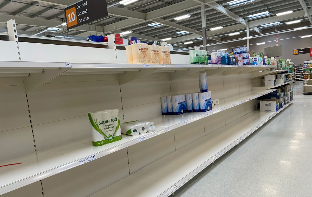 Empty shelves where toilet paper should be in Sainsbury's South Woodham Ferrers