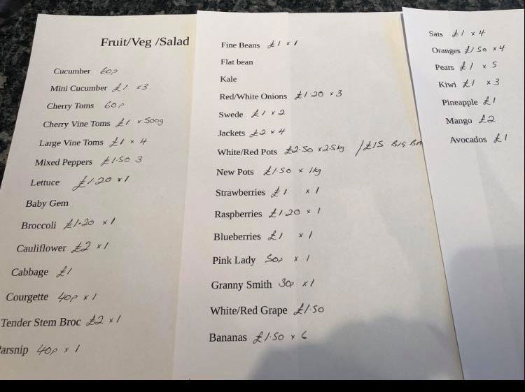 price list for fresh fruit and veg